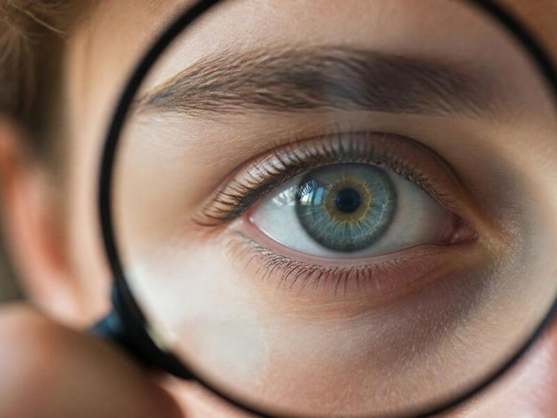 Image of a woman's blue green eye looking through a magnifying glass