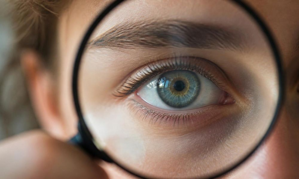 Image of a woman's blue green eye looking through a magnifying glass