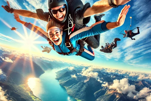 A thrilling and dynamic image of skydiving, featuring a person or group mid-air, free-falling above a scenic landscape with clouds, mountains, oceans