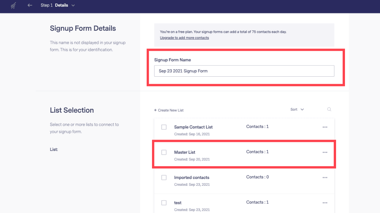 Sign-up form details