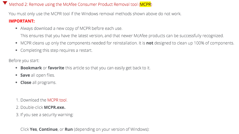 McAfee Consumer Product Removal Tool