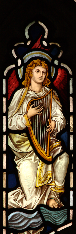 Brampton, angel playing round harp