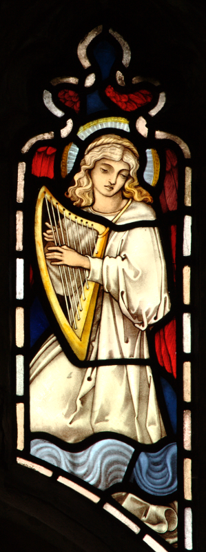 Brampton, angel playing pointed harp