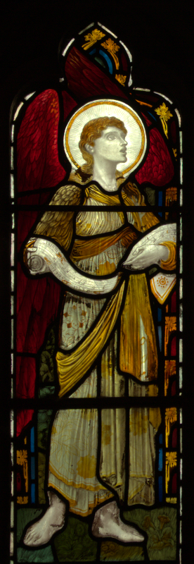 Angel holding scroll looking right