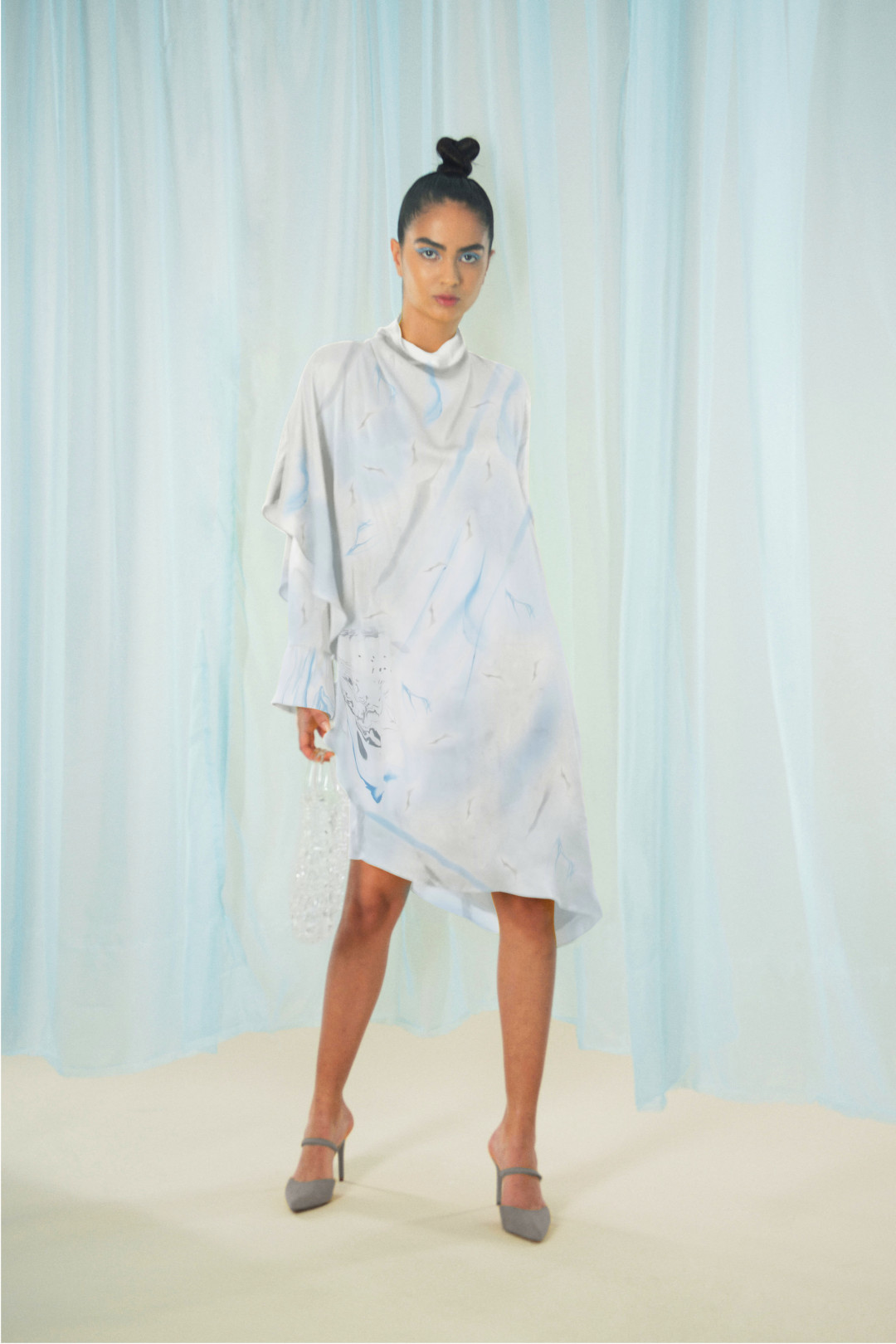 Asymmetrical Marbled Silk Satin Midi Dress by  on curated-crowd.com