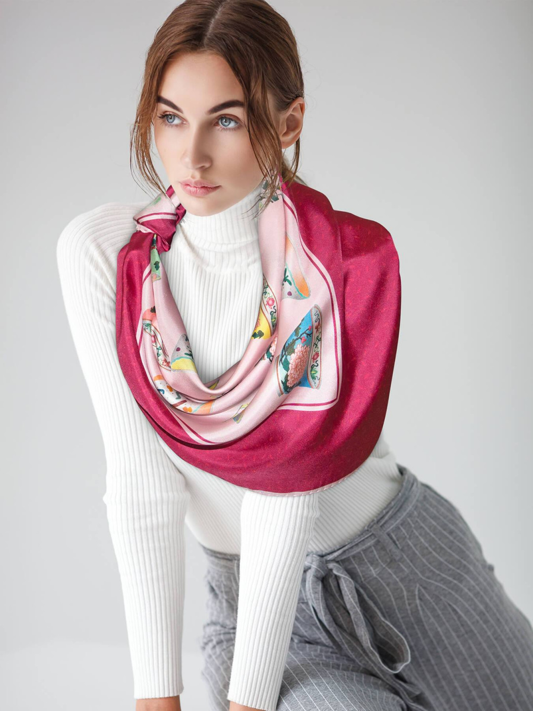 Porcelain Teatime Teacup Silk Scarf - Garnet & Pink by  on curated-crowd.com