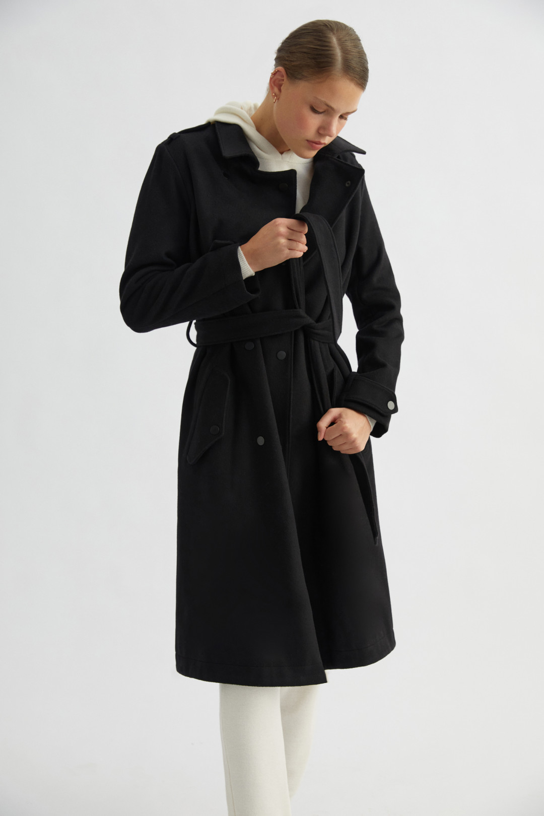 Black Wool Belted Trench Coat by  on curated-crowd.com