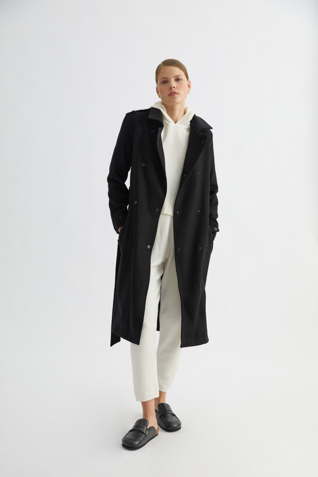 Black Wool Belted Trench Coat by  on curated-crowd.com