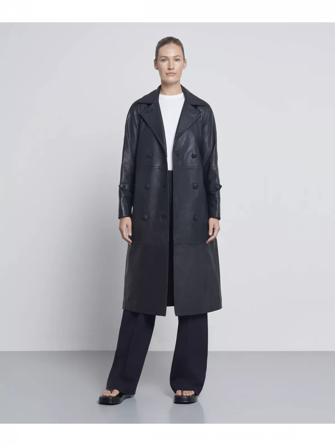 Premium Napa Leather Trench Coat With Waist Belt by  on curated-crowd.com