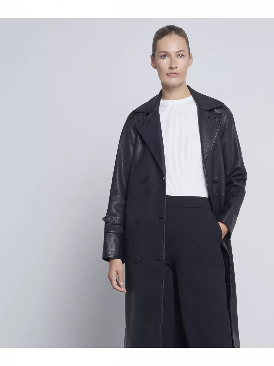 Premium Napa Leather Trench Coat With Waist Belt by  on curated-crowd.com