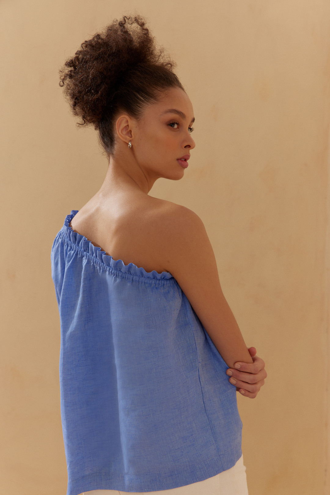 Sky Blue Linen One Sleeve Top by  on curated-crowd.com