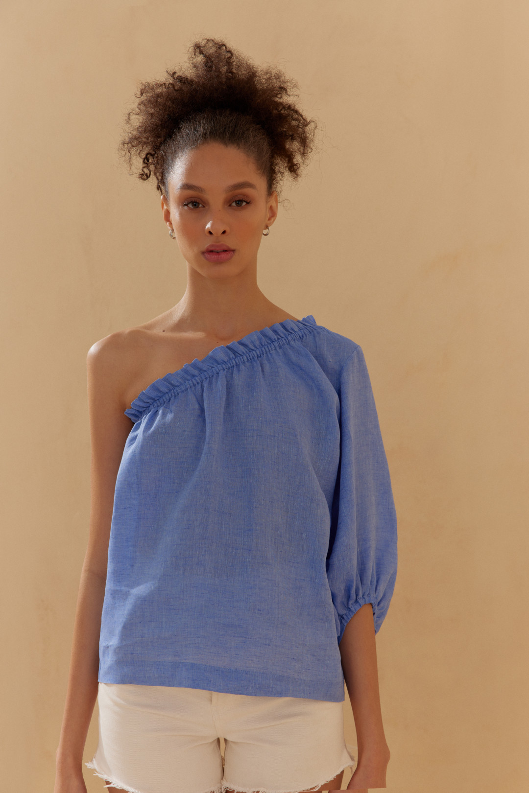 Sky Blue Linen One Sleeve Top by  on curated-crowd.com