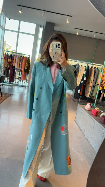 Jade Cowboy Linen Coat by Artwear Gallery on curated-crowd.com