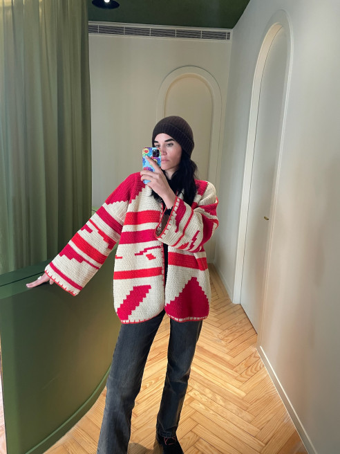 Kiona Jacket Beige/Red - Long by Jessica K on curated-crowd.com