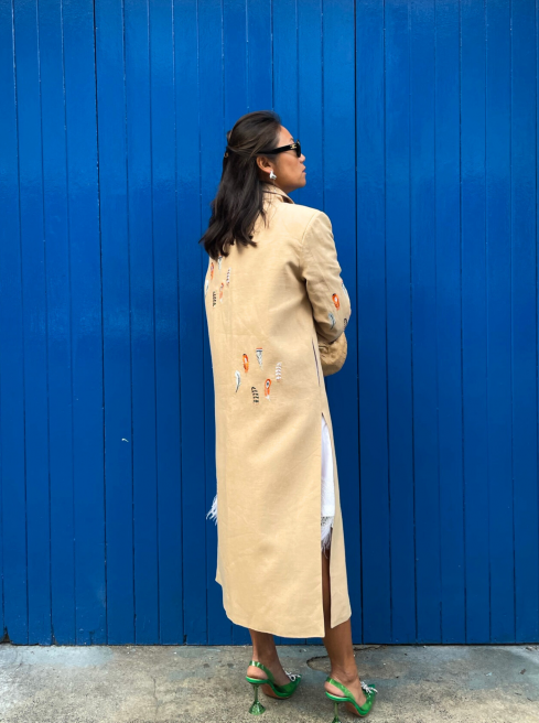 Feather Embroidered Linen Coat by Artwear Gallery on curated-crowd.com