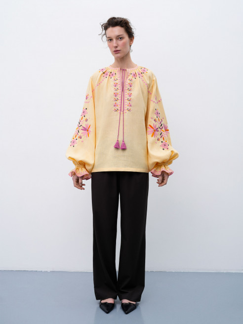 Voluminous Embroidered Blouse with Floral Ornaments 'Kviten' by Etnodim on curated-crowd.com