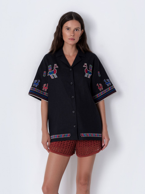 Black Linen Embroidered Shirt 'Konyk Dark' by Etnodim on curated-crowd.com