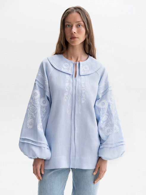 Soft Blue Linen Shirt with White Embroidery 'Dnipryana' by Etnodim on curated-crowd.com