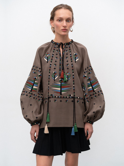 Brown Linen Shirt with Geometric Embroidery 'Melanka Temna' by Etnodim on curated-crowd.com
