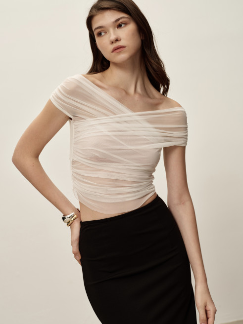 White One Shoulder Pleated Mesh T-shirt by SIJIASUDIO on curated-crowd.com