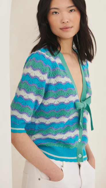 Cashmere Wave Stitch Cardigan in Ocean Stripe by LOOP Cashmere on curated-crowd.com
