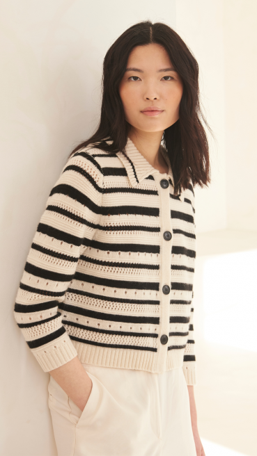 Cashmere Striped Pointelle Jacket in Chalk/Black by LOOP Cashmere on curated-crowd.com