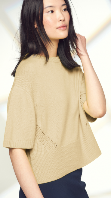 Ribbed Detail Lofty Cashmere T-Shirt in Latte by LOOP Cashmere on curated-crowd.com
