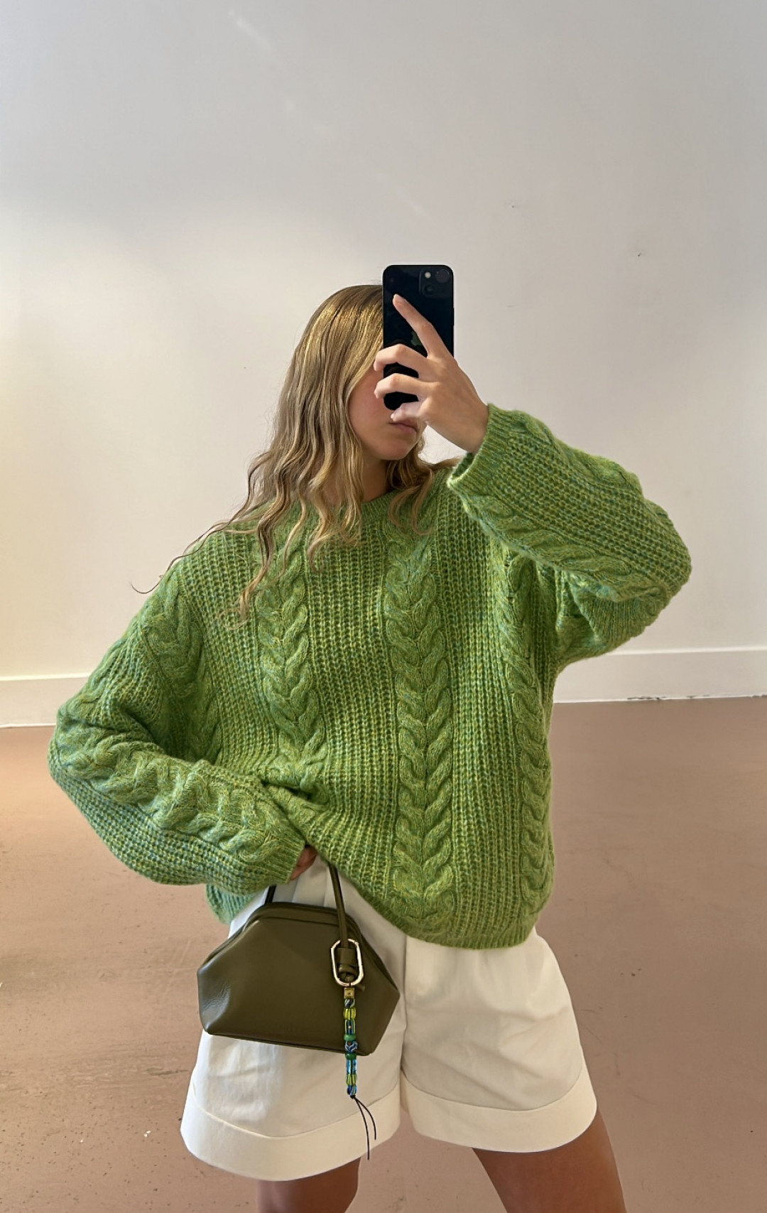Silk Cashmere Blend Cable Crew Neck Sweater in Sedum Green by LOOP Cashmere on curated-crowd.com