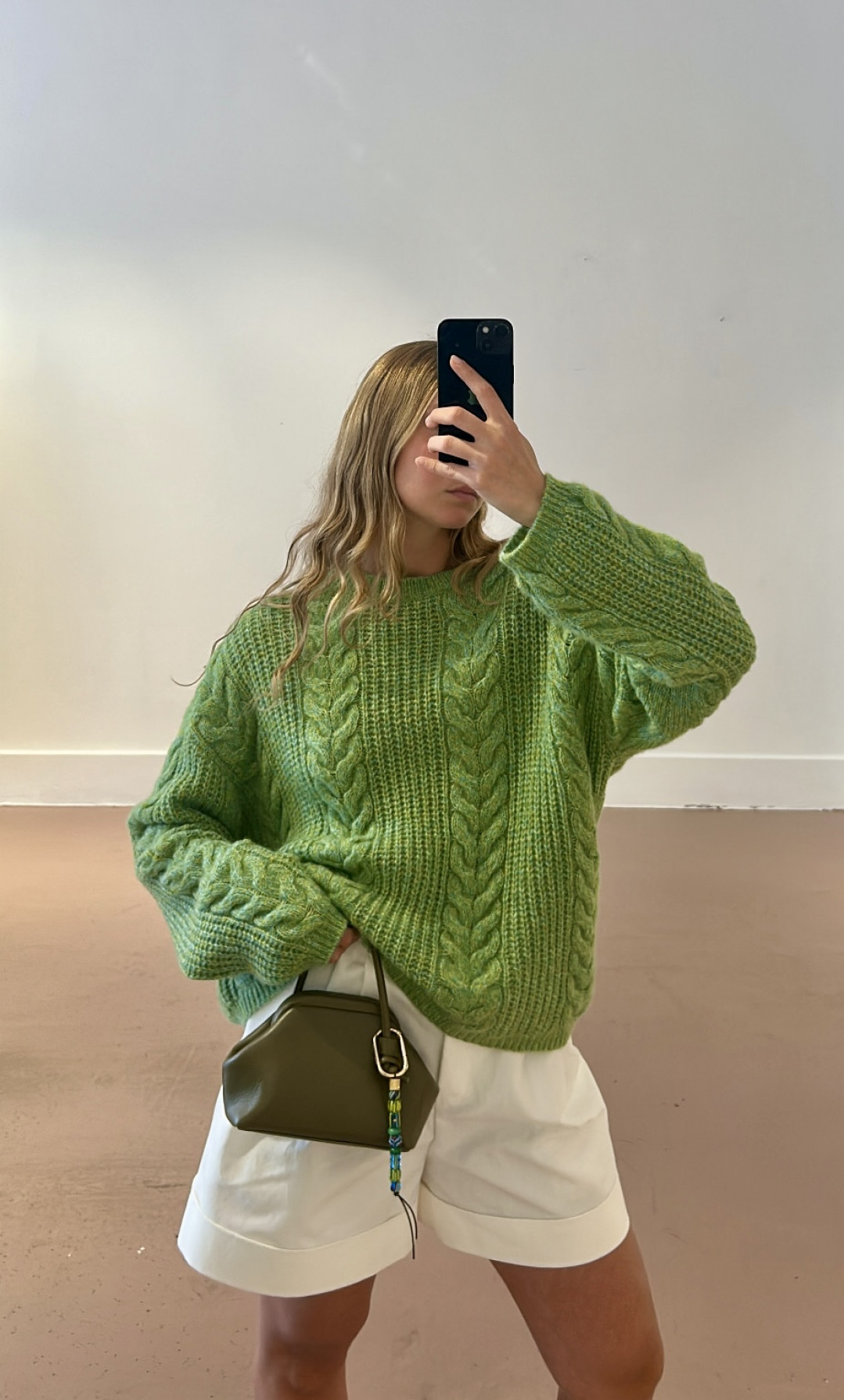 Silk Cashmere Blend Cable Crew Neck Sweater in Sedum Green by LOOP Cashmere on curated-crowd.com