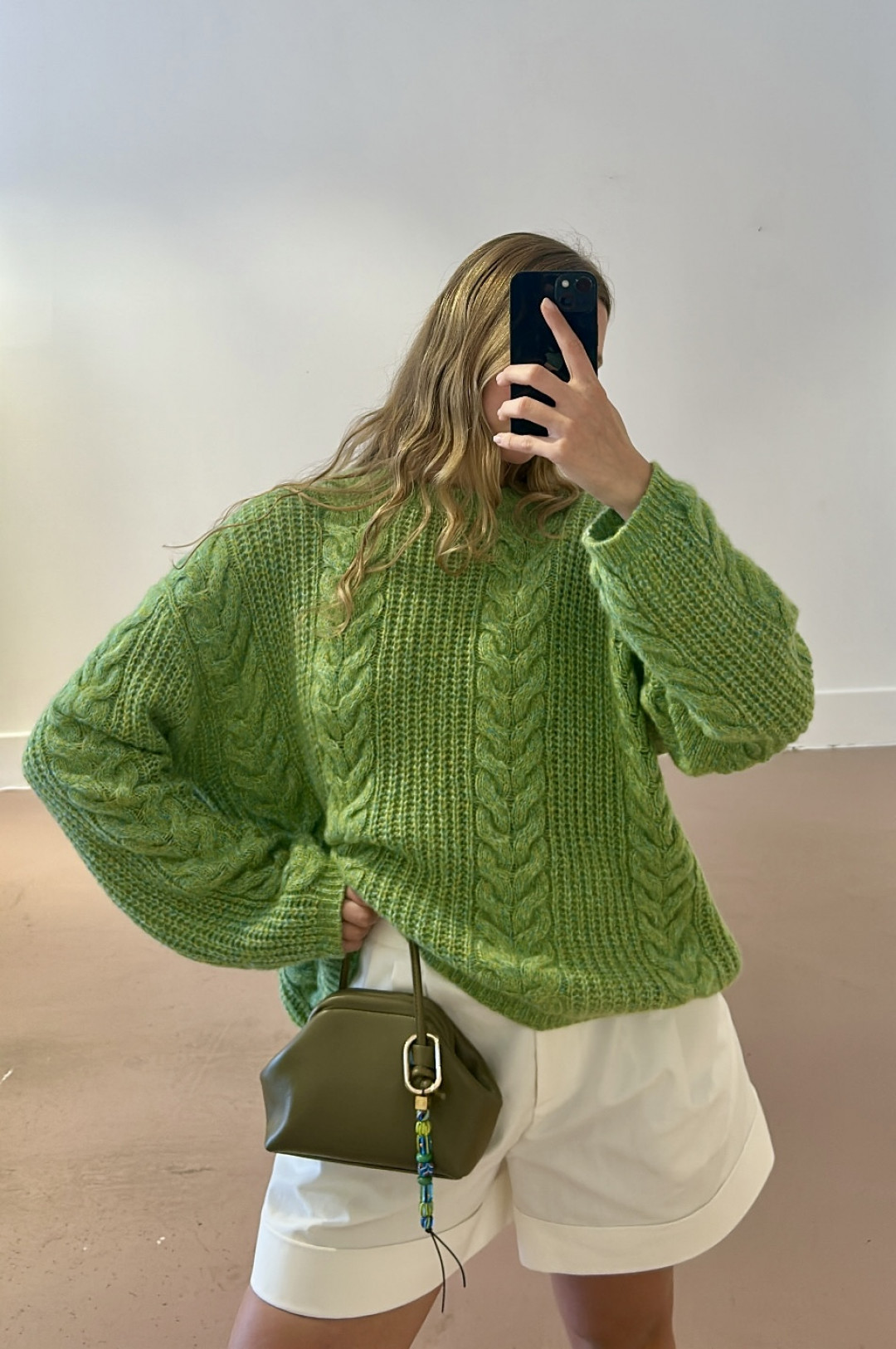 Silk Cashmere Blend Cable Crew Neck Sweater in Sedum Green by LOOP Cashmere on curated-crowd.com