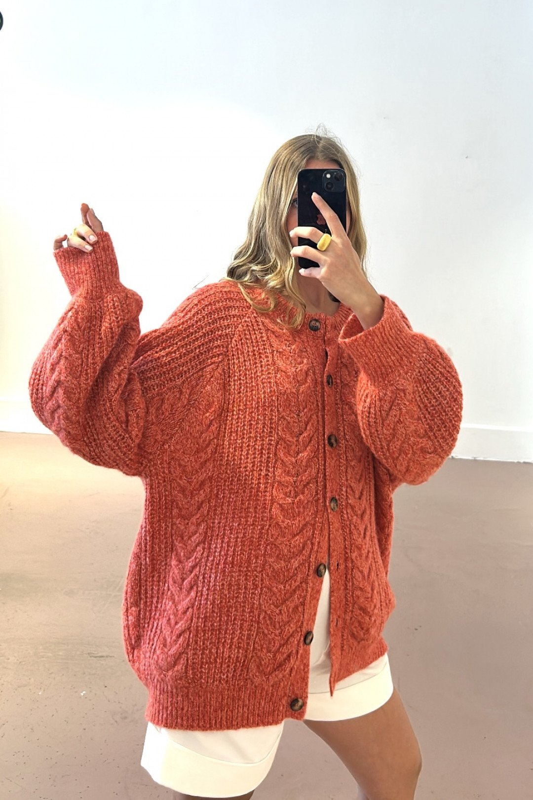Silk Cashmere Cable Cardigan In Geranium Red by LOOP Cashmere on curated-crowd.com