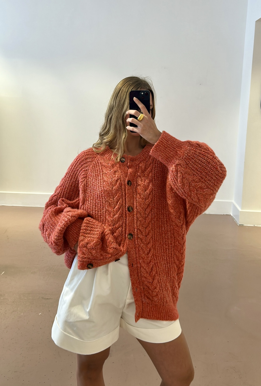 Silk Cashmere Cable Cardigan In Geranium Red by LOOP Cashmere on curated-crowd.com