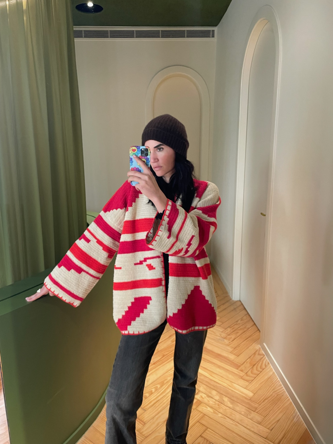 Kiona Jacket Beige/Red - Long by Jessica K on curated-crowd.com