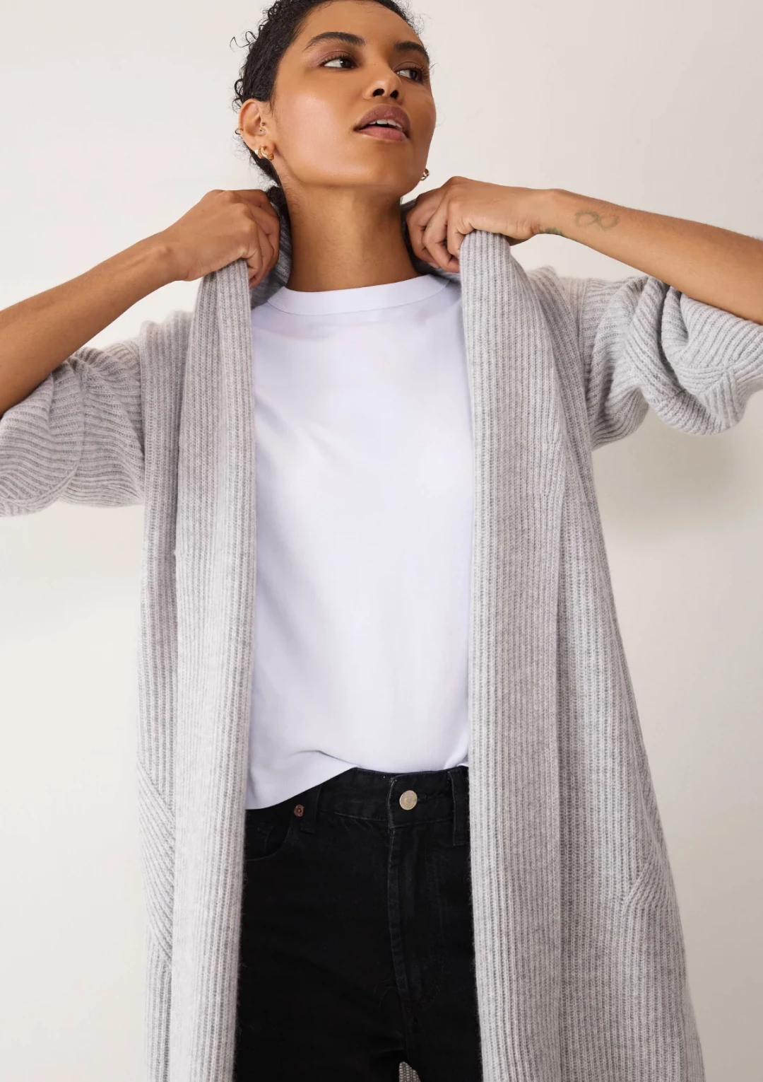 Ribbed Cashmere Coatigan in Foggy Grey by LOOP Cashmere on curated-crowd.com