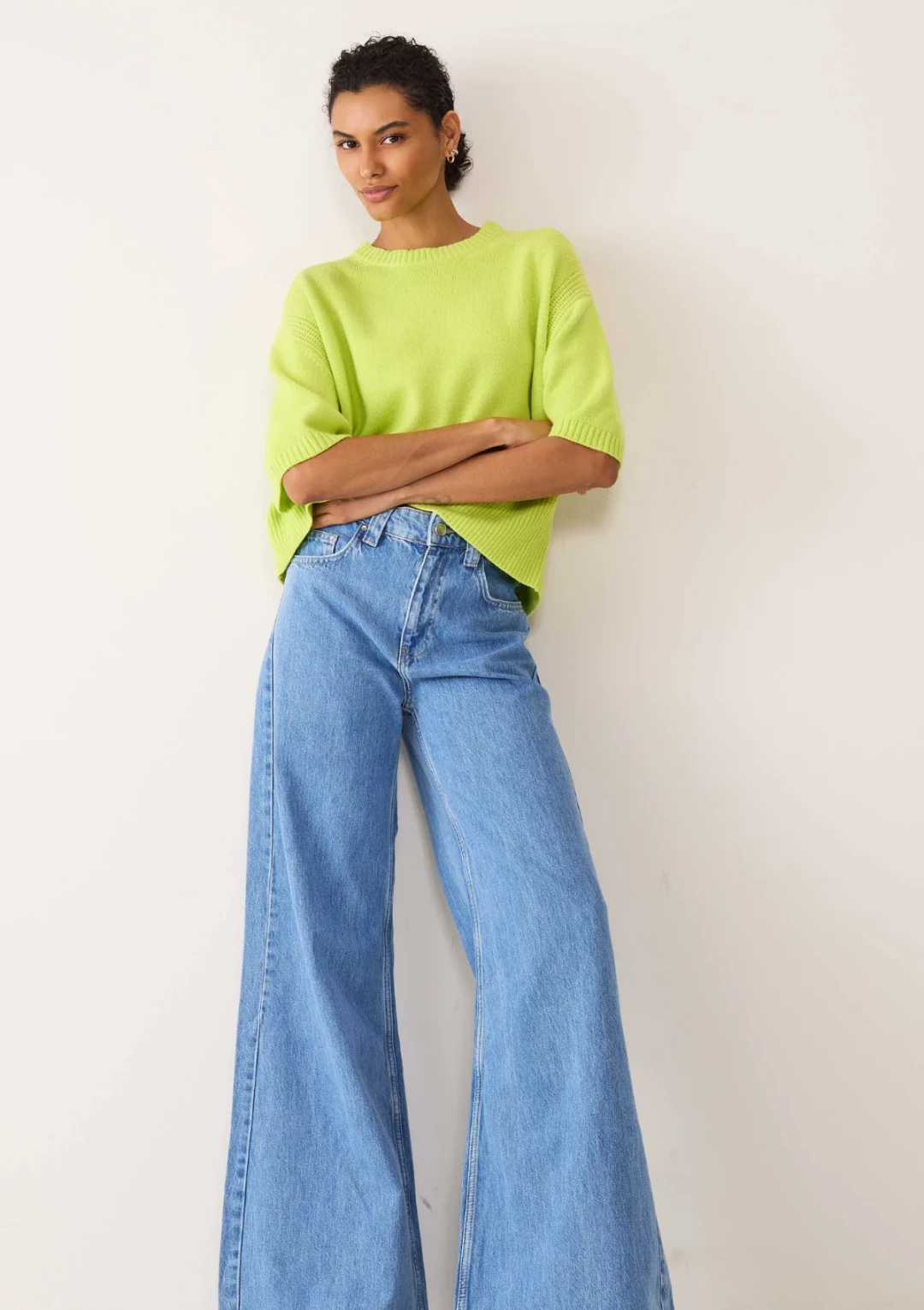 Ribbed Detail Lofty Cashmere T-Shirt in Citrus Green by LOOP Cashmere on curated-crowd.com