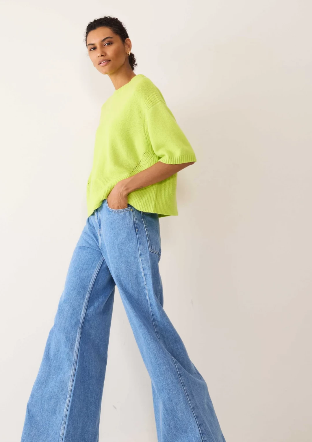 Ribbed Detail Lofty Cashmere T-Shirt in Citrus Green by LOOP Cashmere on curated-crowd.com