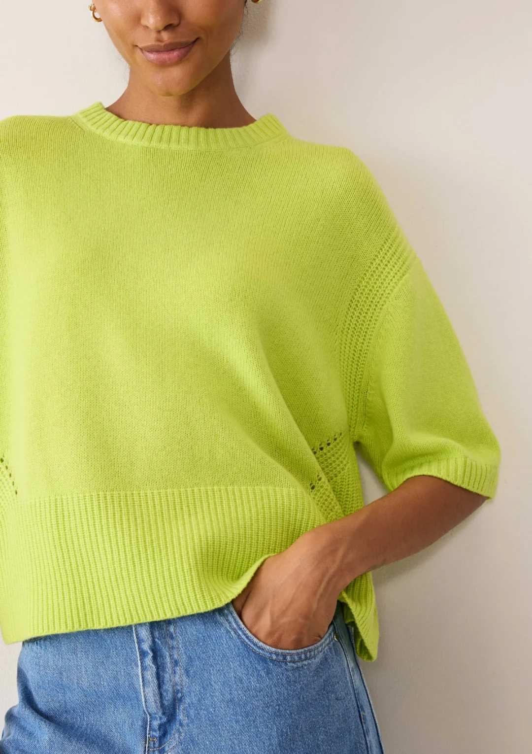 Ribbed Detail Lofty Cashmere T-Shirt in Citrus Green by LOOP Cashmere on curated-crowd.com