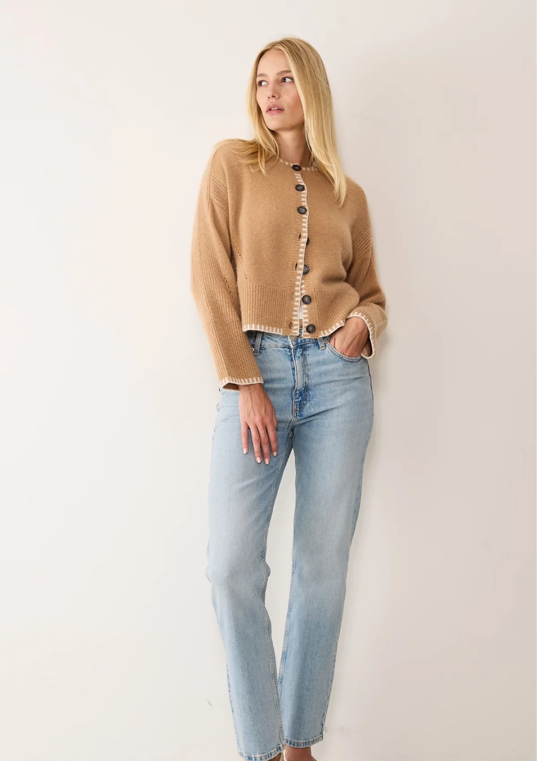 Cashmere Blanket Stitch Cardigan in Praline by LOOP Cashmere on curated-crowd.com