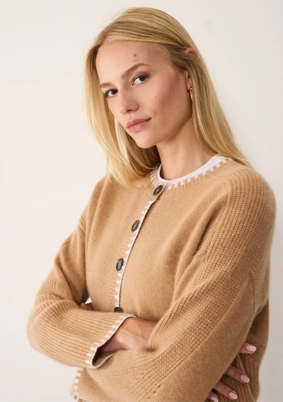 Cashmere Blanket Stitch Cardigan in Praline by LOOP Cashmere on curated-crowd.com