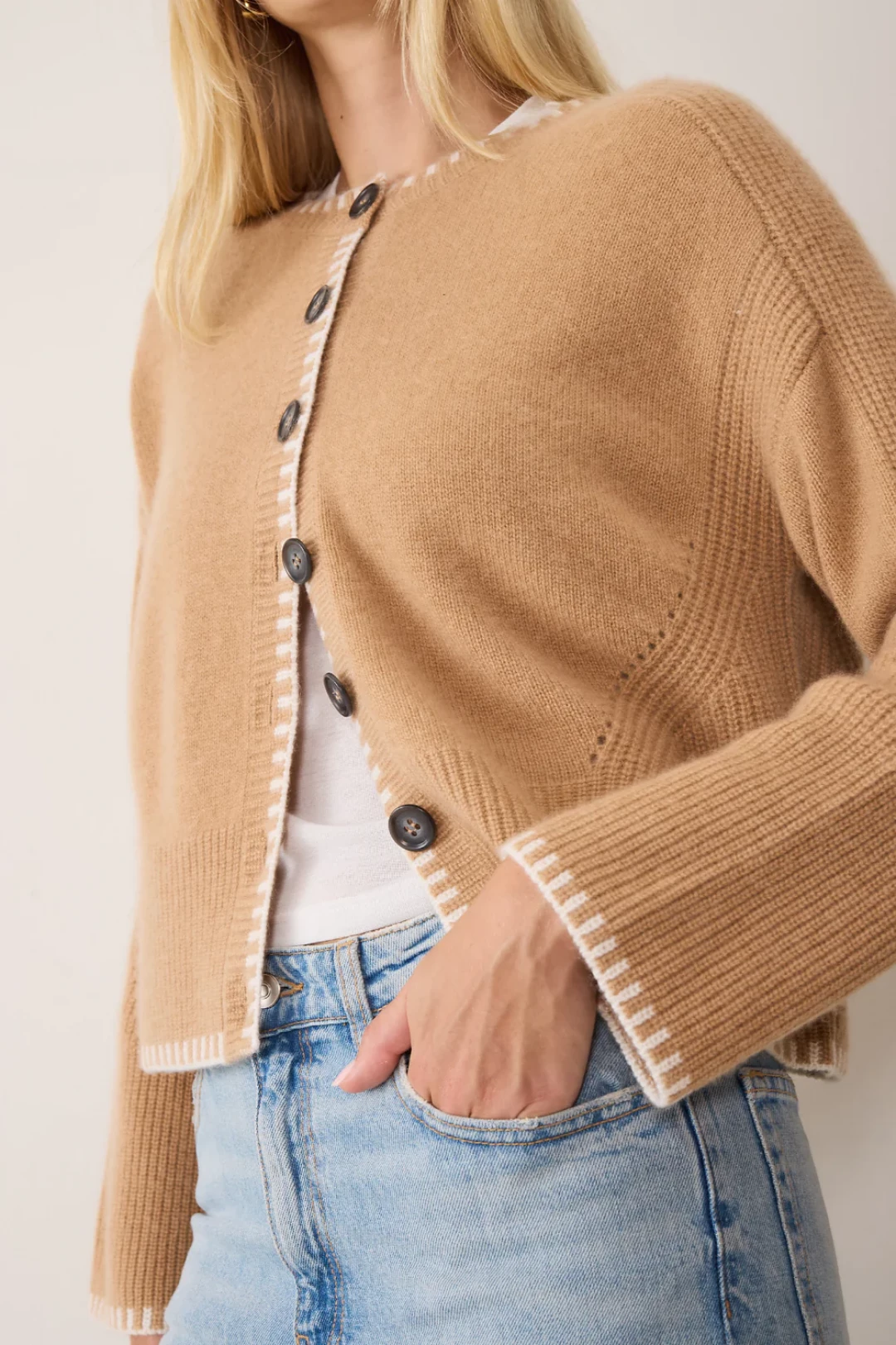 Cashmere Blanket Stitch Cardigan in Praline by LOOP Cashmere on curated-crowd.com