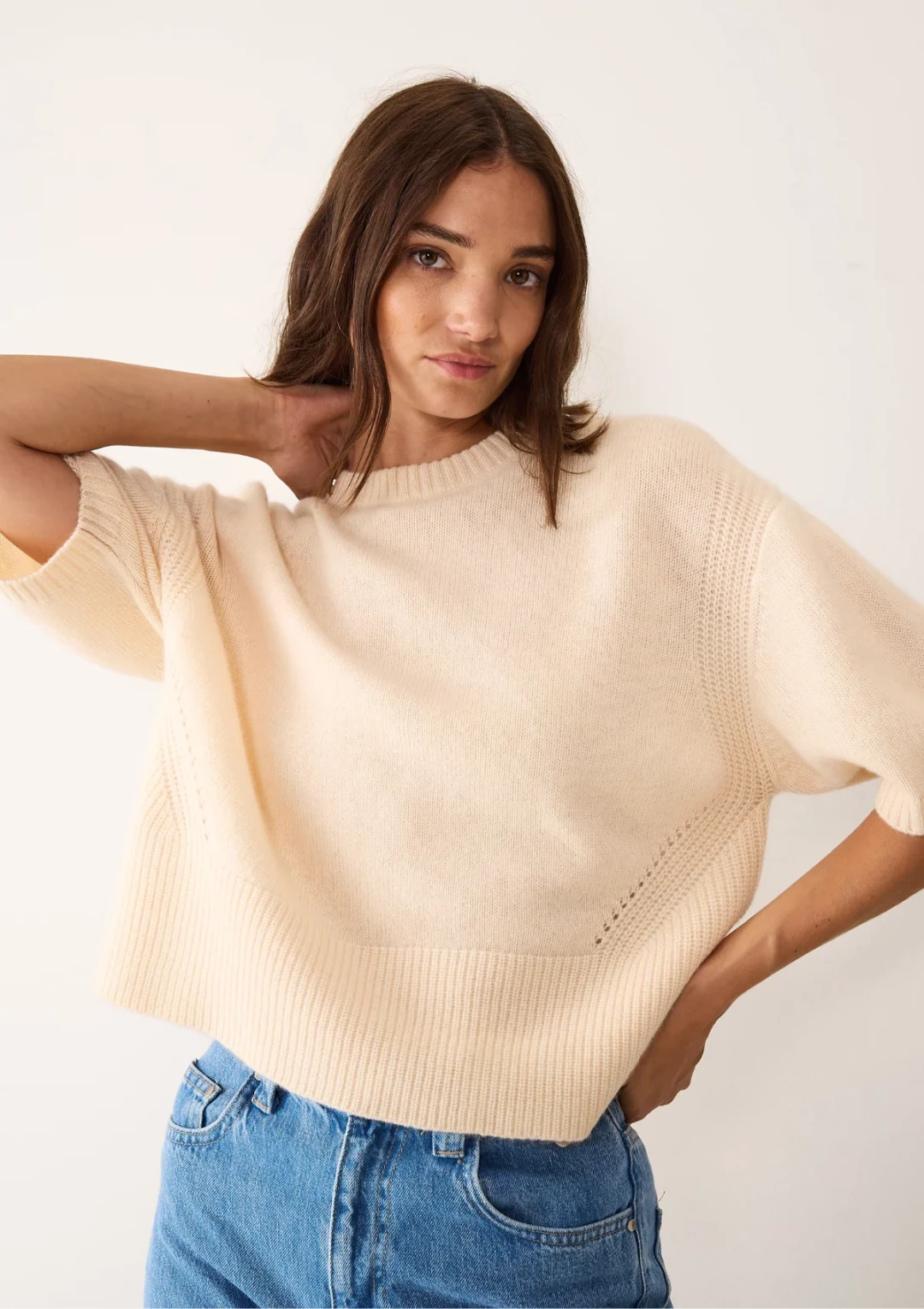 Ribbed Detail Lofty Cashmere T-Shirt in Latte by LOOP Cashmere on curated-crowd.com