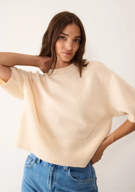 Ribbed Detail Lofty Cashmere T-Shirt in Latte by LOOP Cashmere on curated-crowd.com