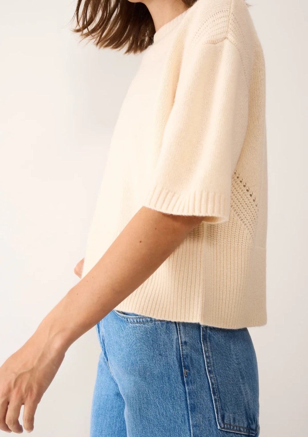 Ribbed Detail Lofty Cashmere T-Shirt in Latte by LOOP Cashmere on curated-crowd.com