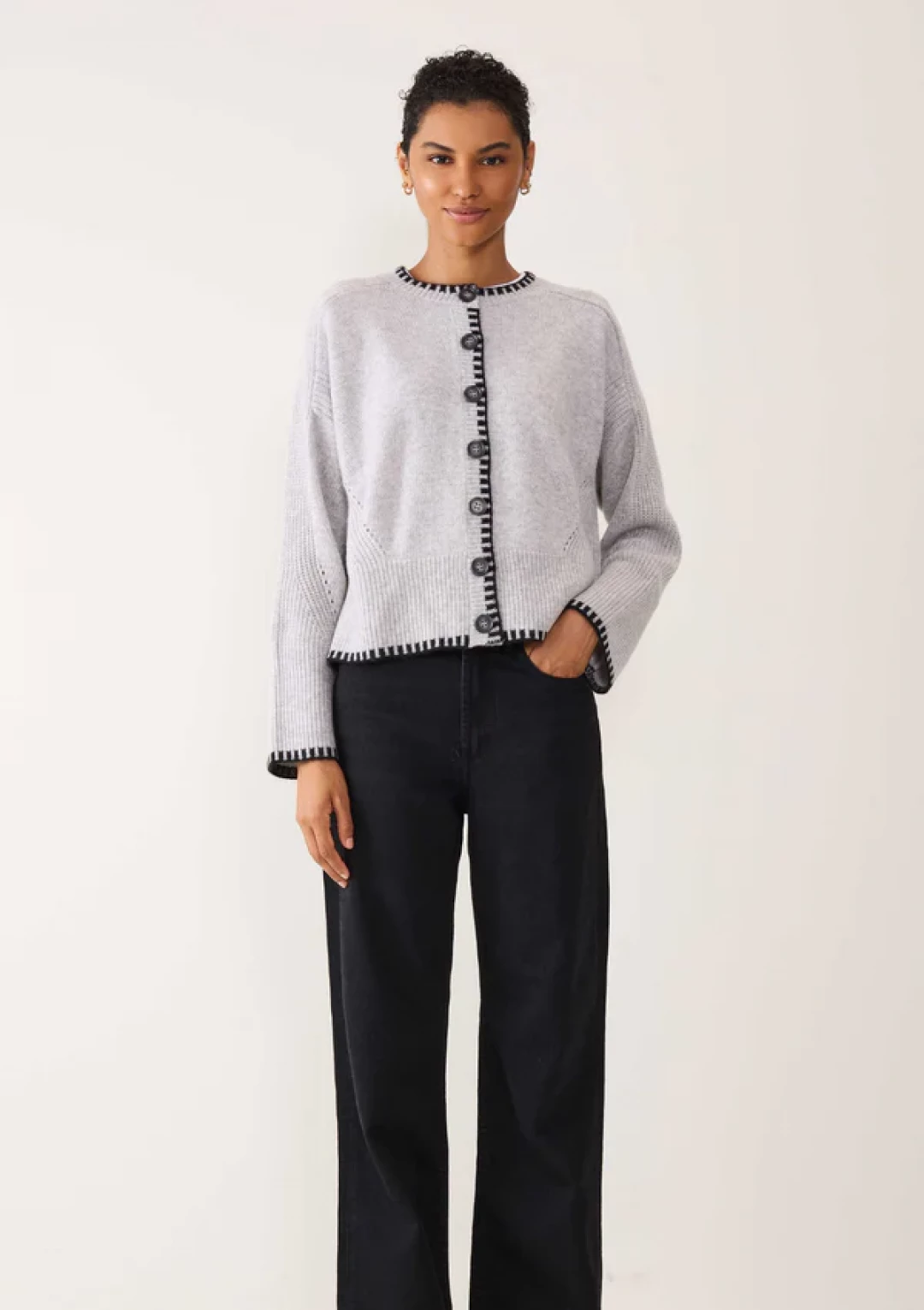 Cashmere Blanket Stitch Cardigan in Mist Grey by  on curated-crowd.com