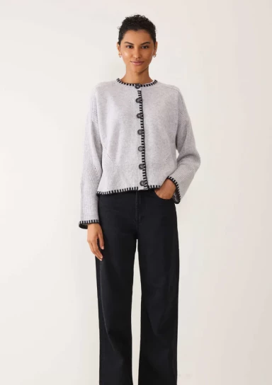 Cashmere Blanket Stitch Cardigan in Mist Grey by LOOP Cashmere on curated-crowd.com