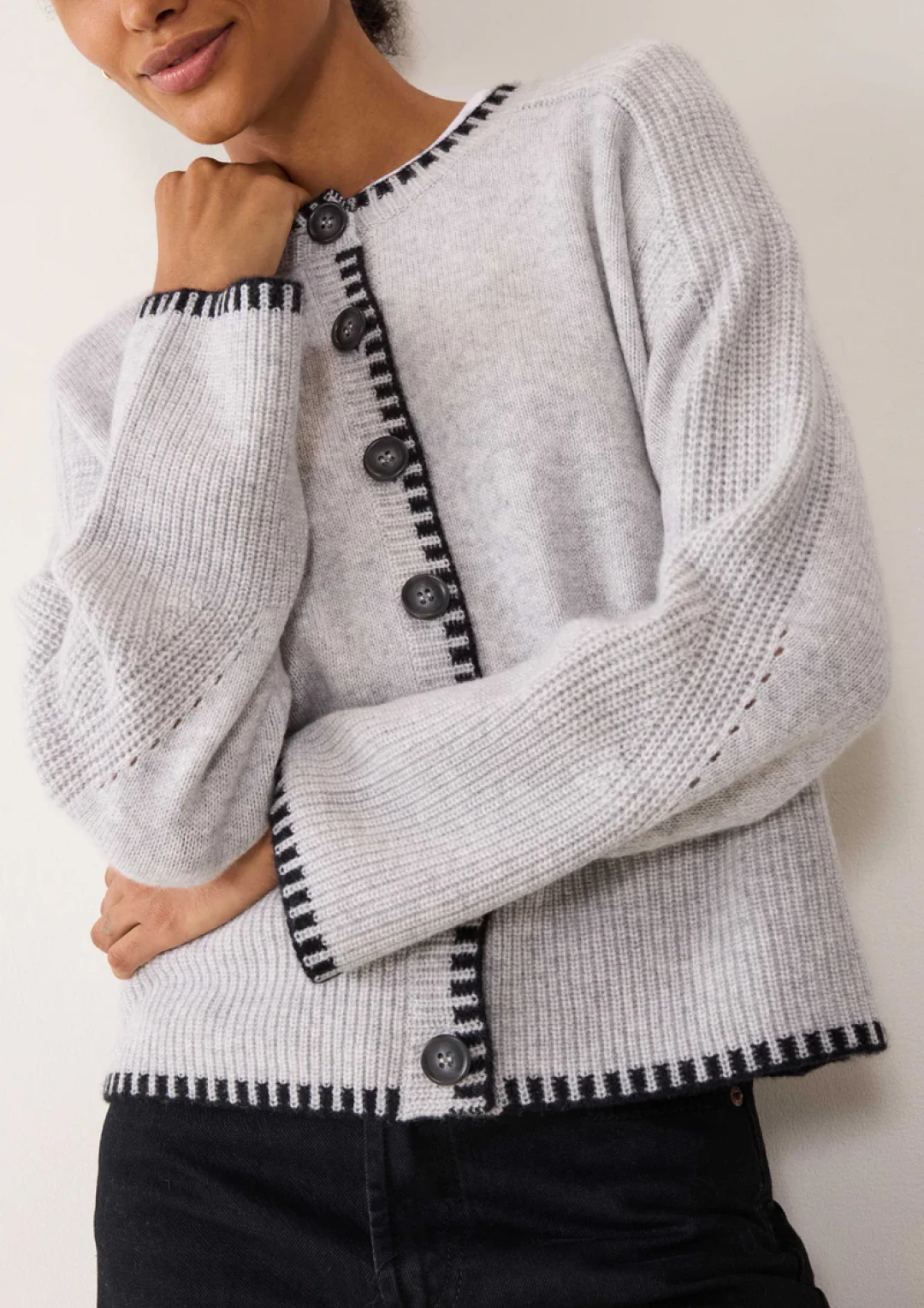 Cashmere Blanket Stitch Cardigan in Mist Grey by  on curated-crowd.com