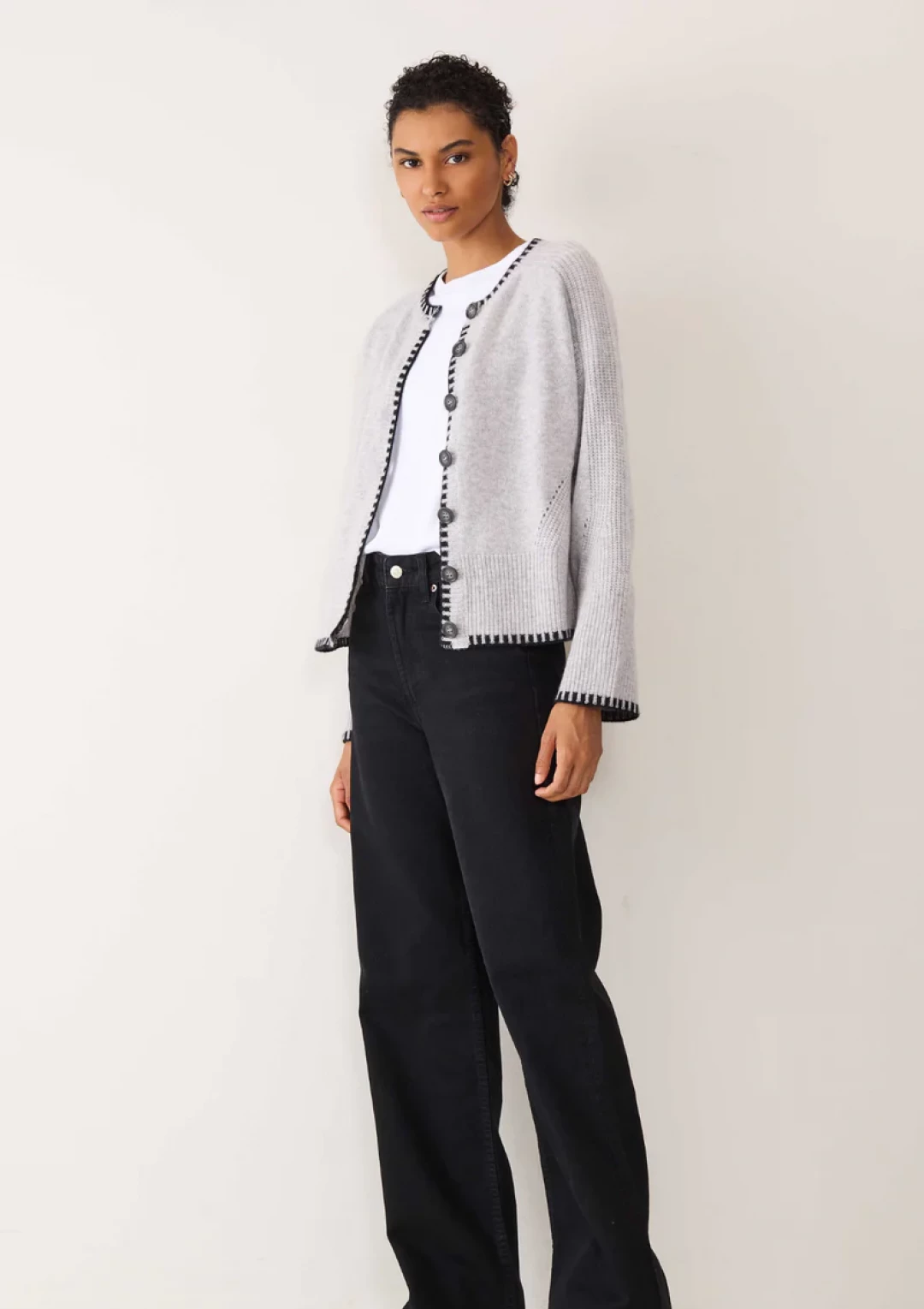 Cashmere Blanket Stitch Cardigan in Mist Grey by  on curated-crowd.com