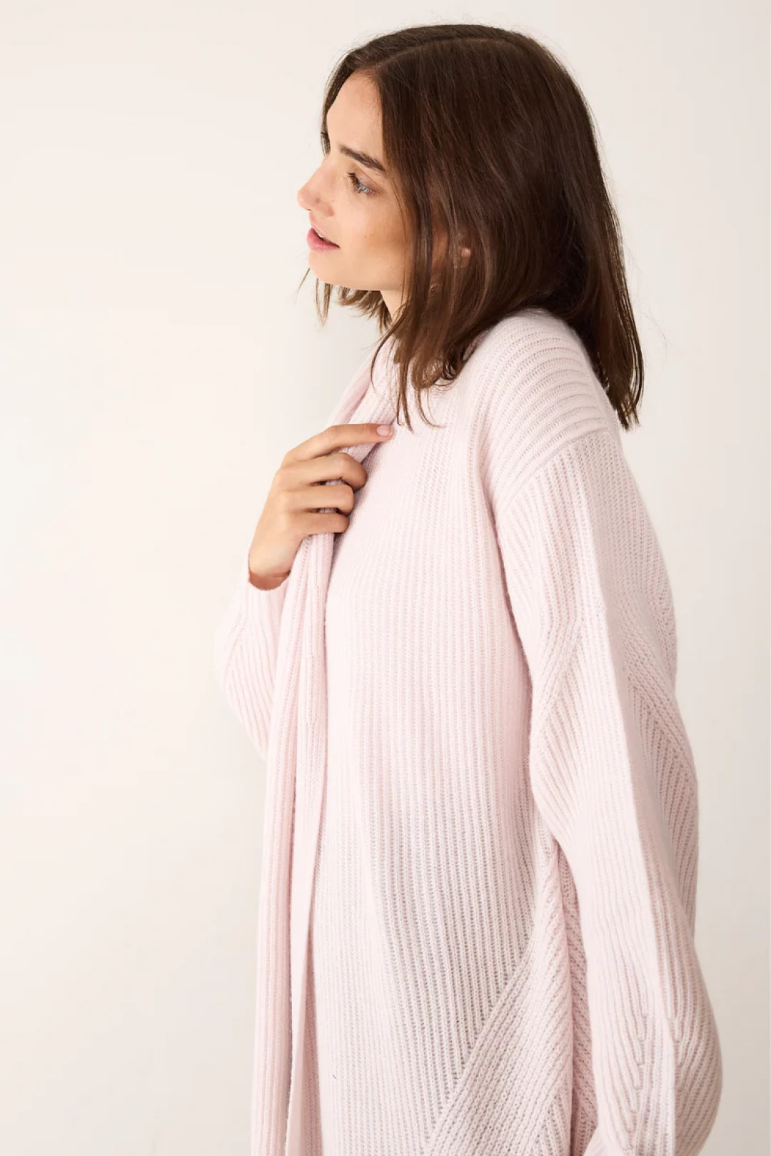 Ribbed Cashmere Coatigan in Ballet Pink by LOOP Cashmere on curated-crowd.com
