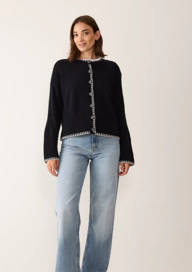 Cashmere Blanket Stitch Cardigan in Jet Black by LOOP Cashmere on curated-crowd.com