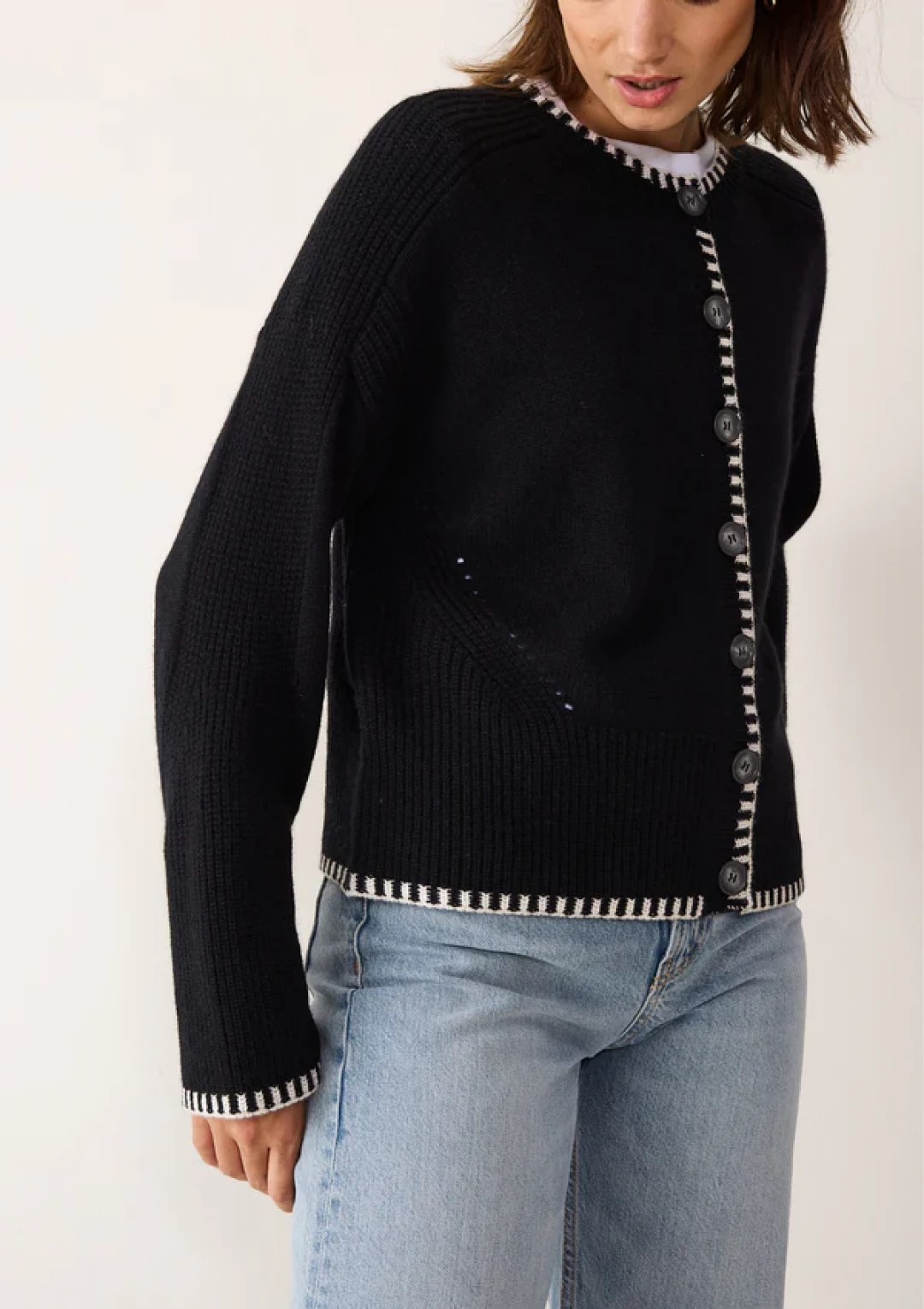 Cashmere Blanket Stitch Cardigan in Jet Black by LOOP Cashmere on curated-crowd.com